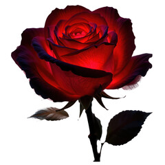 Single bioluminescent rose in full bloom, petals glowing with a gentle deep red light, entire flower with stem and leaves, png transparent background, macro.