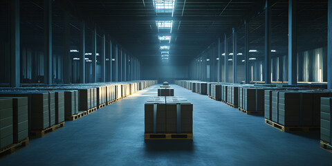 Large Industrial Warehouse with Wooden Crates and Lighting