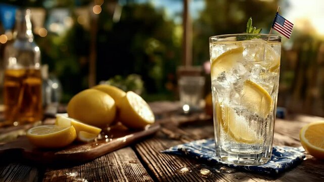 Refreshing lemonade drink with ice and lemon slices summer picnic setting