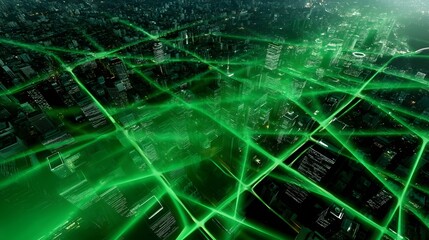 Aerial cityscape with glowing green neural network overlay