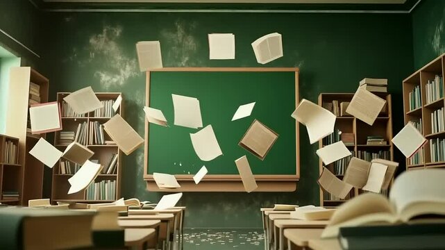 Books flying in a classroom with green chalkboard, showcasing an active learning environment