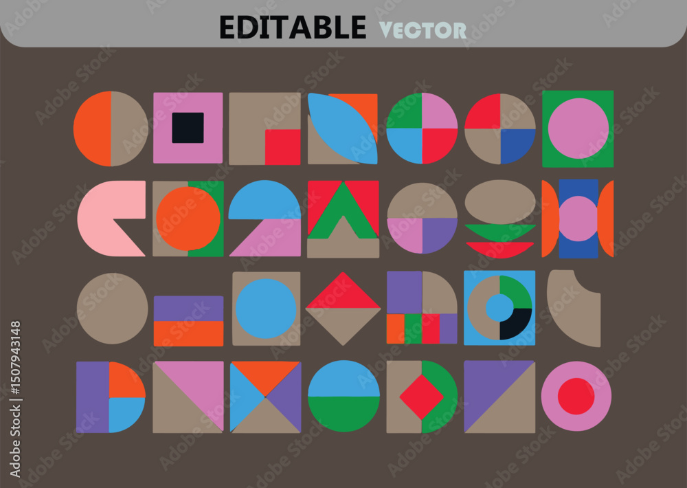 Poster Geometric Shapes Pattern in Retro Colors Abstract Vector Background with Circles Squares Triangles and Semicircles for Modern Design
