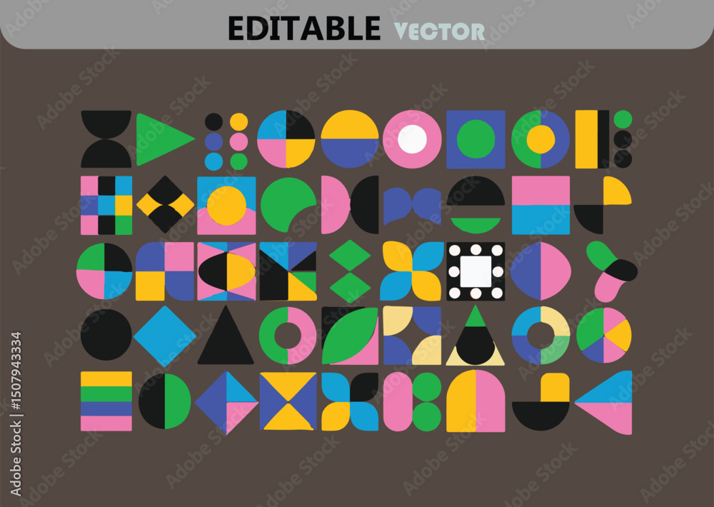 Poster abstract geometric pattern with colorful shapes circles squares triangles and lines on a brown backg