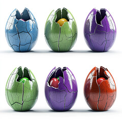 Six colorful cracked Easter eggs with a small candy inside, arranged in two rows