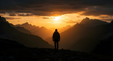 Obraz premium Person Hiking Among Mountain Range at Golden Sunset