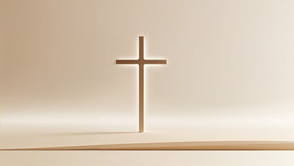 Glowing Christian cross standing in beige interior, with raised platform seam and soft backlighting