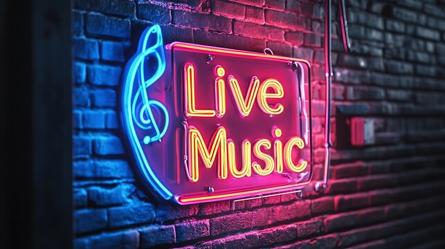 Neon sign advertising live music on a brick wall.