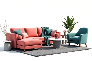 Living room furniture arrangement isolated on white background with couch and chair
