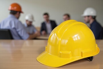 Yellow safety helmet rests on a light wood table.