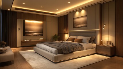Modern Master Bedroom Interior, Elegant Design, Warm Lighting