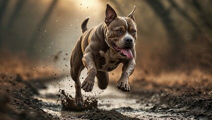 Leaping brown and white American bully splashing through muddy forest path, with puddles