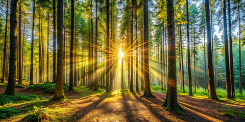 Obraz premium Gentle sunlight streams through the canopy of tall trees in a lush forest, casting beams of light onto the forest floor, creating a tranquil and inviting environment