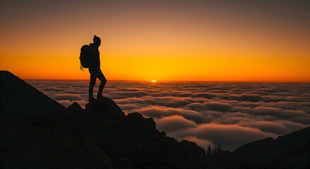 Obraz premium Person Hiking Above Clouds at Sunrise Adventure