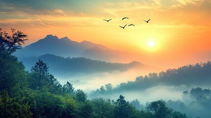 Sunrise over a misty mountain landscape with birds soaring in the sky creating a peaceful natural scene 