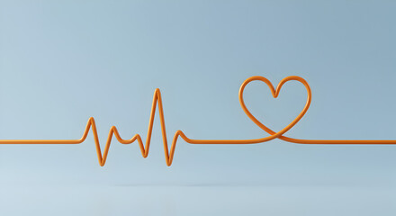Orange Heartbeat Line Forming Heart Symbol on Light Blue Health Concept