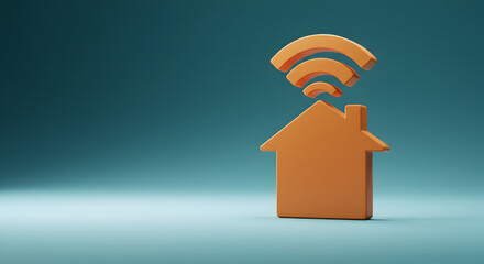 Orange House Icon Under Wifi Symbol on Teal Background in 3D Render Representing Home Connectivity and Wireless Technology