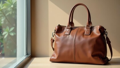 Brown leather tote bag, zipper closure, handles, vintage, leather bag, fashion accessory