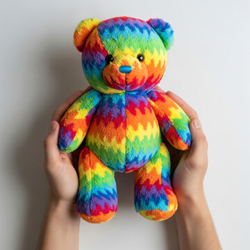 Dos manos humanas sostienen un oso multicolor de manera protectora.