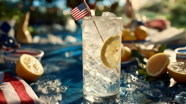Refreshing lemon drink with ice summer beverage sunlight close up