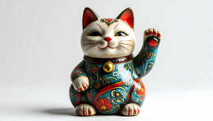 Lucky Cat Figurine A Whimsical Hand-Raised Maneki-Neko with Intricate Painted Patterns