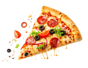 Flying Pizza Slice with Toppings, Isolated on Transparent Background with Clipping Path