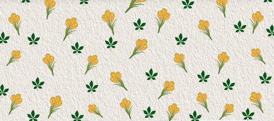 Seamless yellow flower pattern with green leaves on textured background