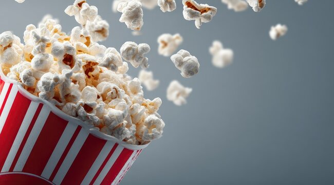 A red-and-white striped popcorn bucket overflows with fluffy, buttery popcorn pieces, some airborne in mid-air against a muted grey background