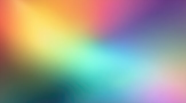 Abstract blurred rainbow gradient background with a diagonal blend of vibrant, pastel hues transitioning smoothly from warm yellows and oranges to cool blues and purples, creating a soft,