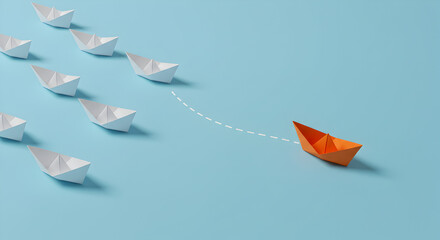 Orange Paper Boat Leading White Ships on Serene Blue Symbolizing Leadership and Innovative Direction for Business and Teamwork