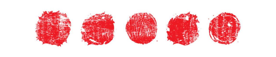 Set of vector red brush circles. Rough textured hand painted Japanese flag. Sponge stamp grungy red ink blobs, splashes. Abstract watercolor Japan flag illustration. Symbol of sun, calligraphy art