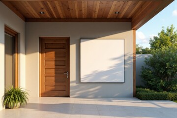 Empty billboard on a light beige exterior wall with a wooden entry door.