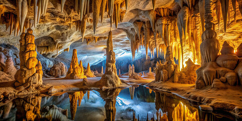A serene underground cave features remarkable stalactites and stalagmites, their formations illuminated by warm light as they reflect in a tranquil pool of water at twilight