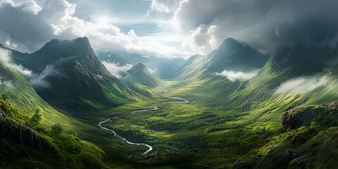 Lush Green Valley with Mountains and River Under Blue Sky