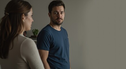 Man and woman having serious conversation in modern living room  