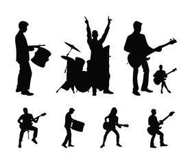 Naklejka premium musician silhouette set, man playing guitar, musical instruments, band silhouette illustration.