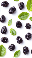 High-resolution image of blackberries with green leaves, captured in a minimal flat lay or isolated