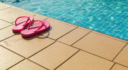 Summer flip flops resting by swimming pool on sunny day  