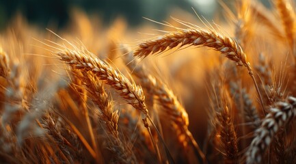 Ripe wheat stalks bathed in warm, golden sunlight, swaying gently in a field at sunset.  The focus is sharp on the foreground stalks, blurring into a bokeh background