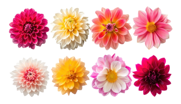 Collection of Different type of Dahlias flower isolate on transparency background