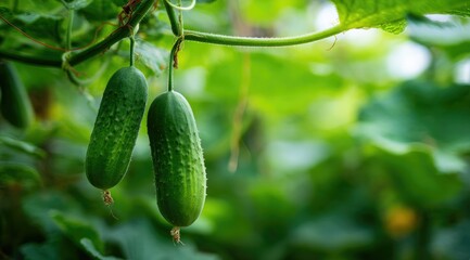 Two ripe cucumbers hang from a vine amidst lush green foliage in a greenhouse or garden setting, glistening with moisture