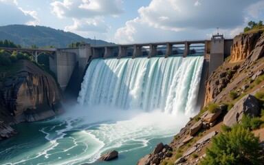 Infrastructure development and energy industry concept. Majestic waterfall flowing from a dam surrounded by rocky terrain and lush greenery.