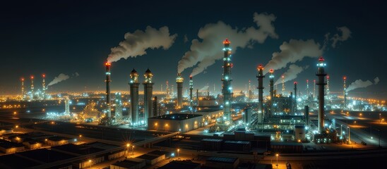 Fototapeta premium Infrastructure development and energy industry concept. Industrial landscape at night with smokestacks and illuminated structures.