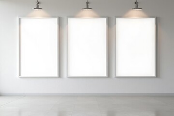 Three empty picture frames on a light gray wall.