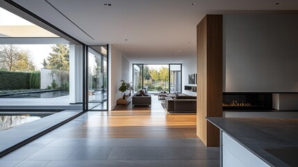 Obraz premium a serene view of a modern home's interior seamlessly connecting indoor living space with an outdoor oasis featuring a reflective pool