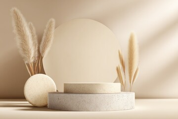 Minimalist beige product display featuring a two-tiered stone podium, pampas grass accents, and a large circular backdrop, illuminated by soft sunlight