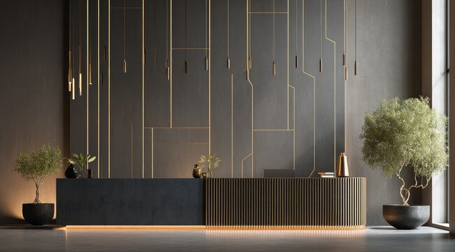 Modern reception desk with dark grey and wood finishes, gold geometric wall art, pendant lighting, and potted olive trees in large dark pots. Ambient lighting highlights the sleek design