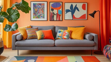 A gray sofa with bold pillows, orange curtain, and peach walls. Colorful rug, gallery wall, and leafy plant