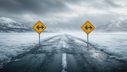 A snow-covered road with two directional signs, symbolizing a difficult choice