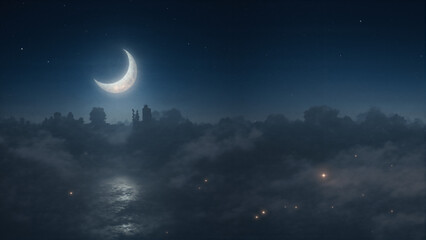 Dreamy Nightscape with Crescent Moon, City Silhouette and Starry Sky Scenery