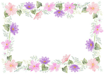 Watercolor rectangular frame with purple and pink cosmea flowers. Hand-drawn watercolor floral frame. Perfect for wedding invitations, botanical prints, minimalist home decor, romantic greeting cards.
